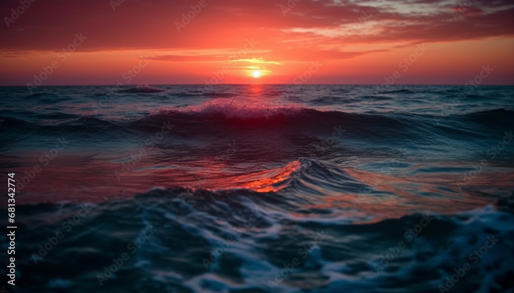 Tranquil seascape reflects beauty of nature in dramatic sunset sky generated by AI