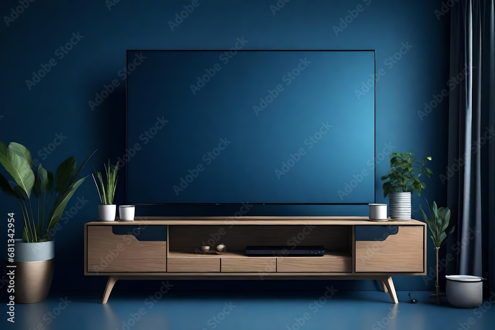 Smart TV with basic design and 3D rendering on the dark blue wall in the living room Smart TV with basic design and 3D rendering on the dark blue wall in the living room
