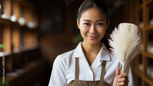 Asian maid in housekeeper uniform with feather broom for cleaning the room