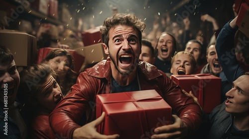 A man with a crowd of buyers runs with gift box from a store for seasonal Christmas sales, discounts