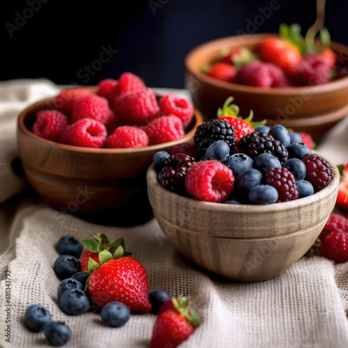 A selection of fresh berries in wooden bowls  