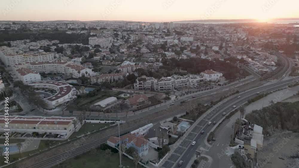 Panoramic aerial establishing overview of Lisbon Portugal city at sunset Panoramic aerial establishing overview of Lisbon Portugal city at sunset