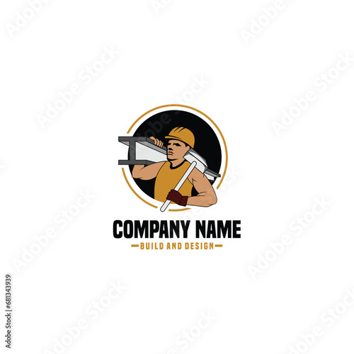 Construction worker with hammer and steel iron. Repair, industrial vector illustration, mascot, icon, symbol, logo vector.
