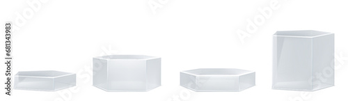 3D pentagon and hexagon glass platforms set isolated on white background. Vector realistic illustration of transparent abstract plastic podiums, product presentation stand, stage pedestal mockups