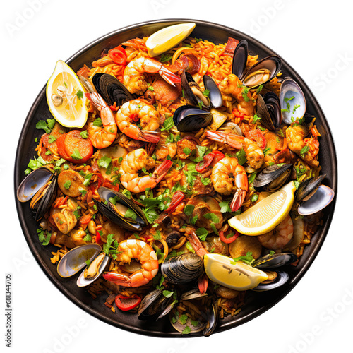 Top View of Seafood Paella on Plate Isolated on Transparent or White Background, PNG