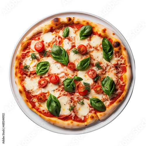 Top View of a Margherita Pizza on a Plate Isolated on Transparent or White Background, PNG