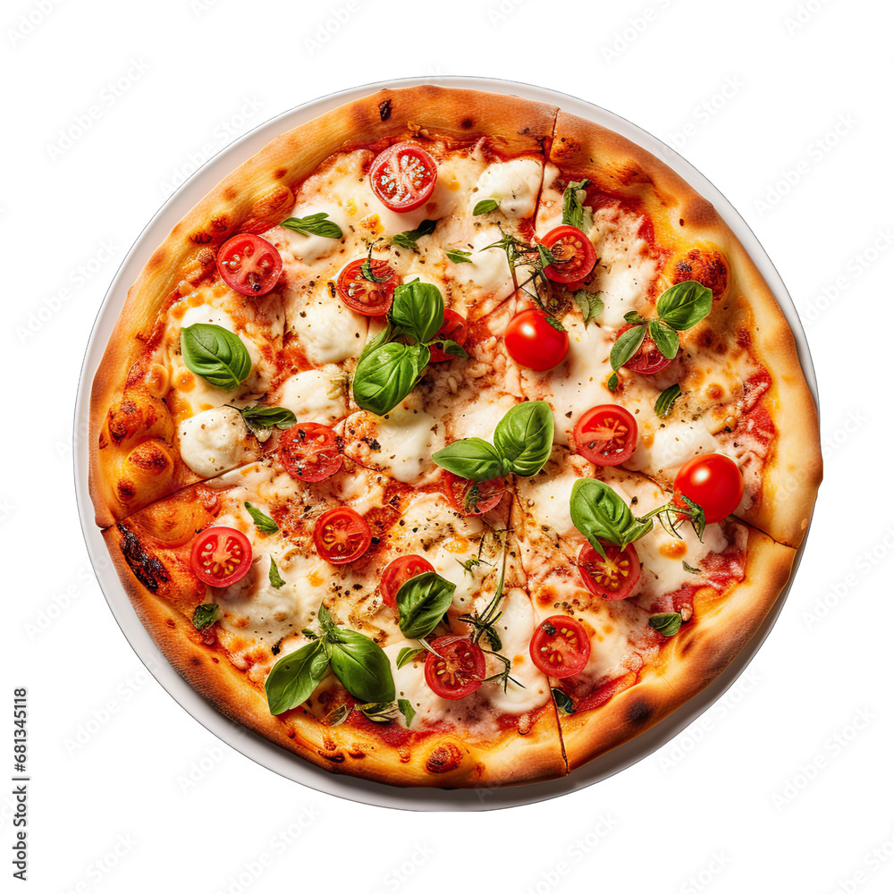 Margherita Pizza from Top View Isolated on Transparent or White Background, PNG