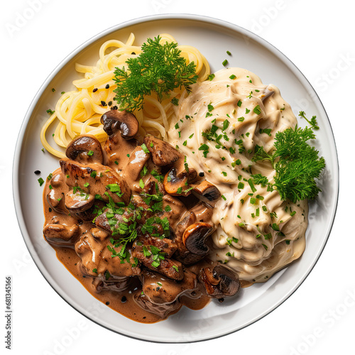 Beef Stroganoff on a Plate Isolated on Transparent or White Background, PNG