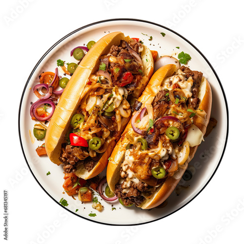 Top View Philly Cheesesteak Sandwich on a Plate Isolated on Transparent or White Background, PNG