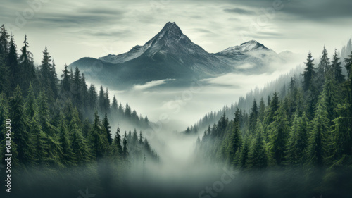 Landscape of Misty Forest and Mountain Range in Nature © senadesign