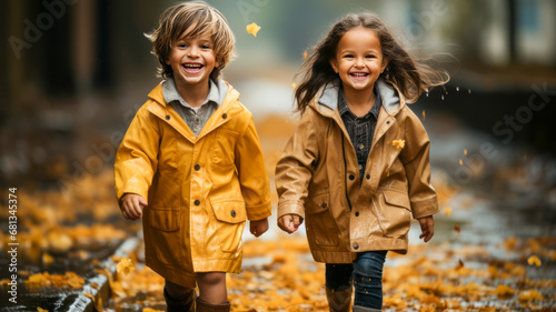 Happy smiling children in the rain and in raincoats