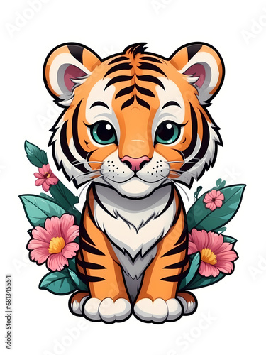 Adorable cartoon-style tiger sticker surrounded by delicate flowers in a charming white border  perfect for adding a playful touch to your designs.