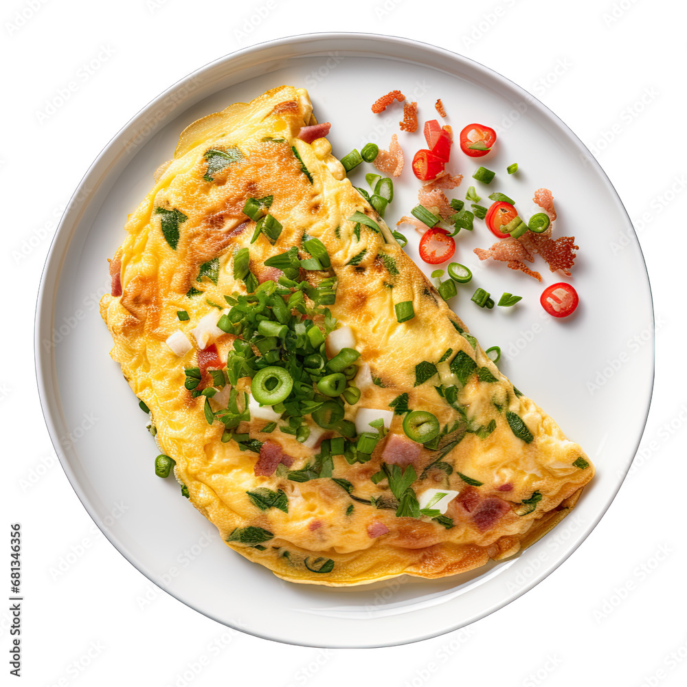 Ham and Cheese Omelette on a Plate Isolated on Transparent or White Background, PNG