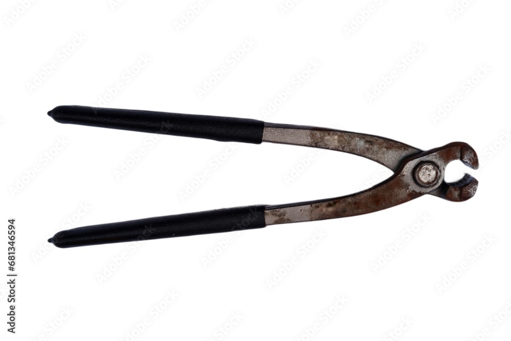 Tools - Used open carpenter's pincers with black handles isolated on a white background. Wire-cutter isolated over a white background Tools - Used open carpenter's pincers with black handles isolated on a white background. Wire-cutter isolated over a white background