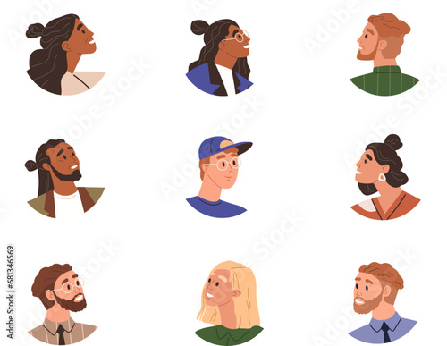 People faces vector illustration. Expressions on peoples faces provide glimpses into their emotions and reactions Personal experiences shape peoples understanding social issues and their impact
