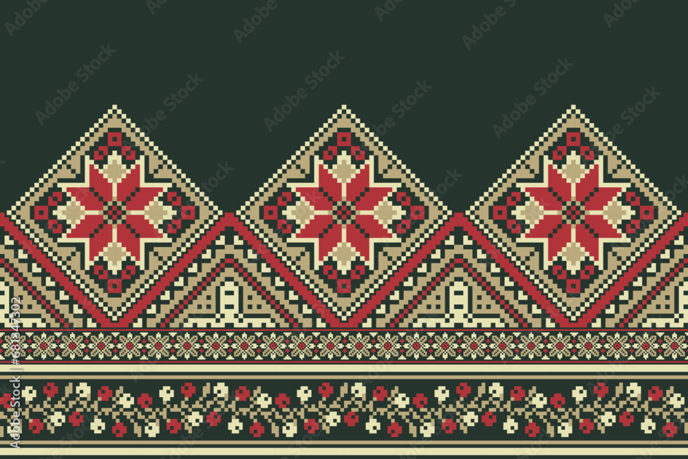 flower embroidery on green background. ikat and cross stitch geometric seamless pattern ethnic oriental traditional. Aztec style illustration design for carpet, wallpaper, clothing, wrapping, batik.