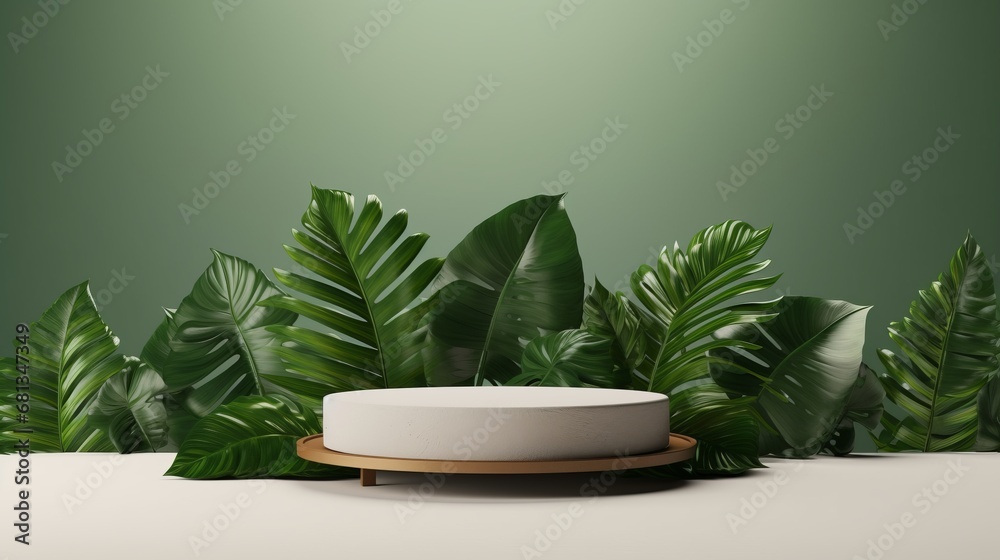 Podium with a leaf background, cosmetic beauty mockup display stand for product presentation Nature and organic cosmetics and food presentation themes Natural product present placement display Podium with a leaf background, cosmetic beauty mockup display stand for product presentation Nature and organic cosmetics and food presentation themes Natural product present placement display
