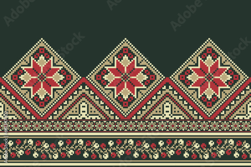 flower embroidery on green background. ikat and cross stitch geometric seamless pattern ethnic oriental traditional. Aztec style illustration design for carpet, wallpaper, clothing, wrapping, batik.