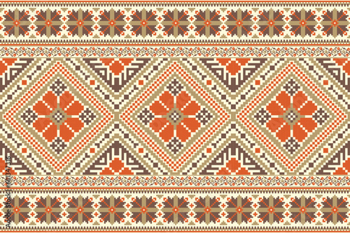 flower embroidery on cream background. ikat and cross stitch geometric seamless pattern ethnic oriental traditional. Aztec style illustration design for carpet, wallpaper, clothing, wrapping, batik.