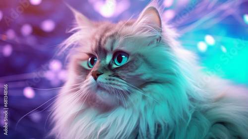 Neon bright Persian cat with Aurora borealis in the background
