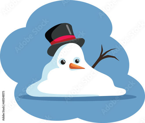 Funny Melted Snowman Vector Cartoon Drawing Illustration. Climate change having an effect on weather during the holidays 
