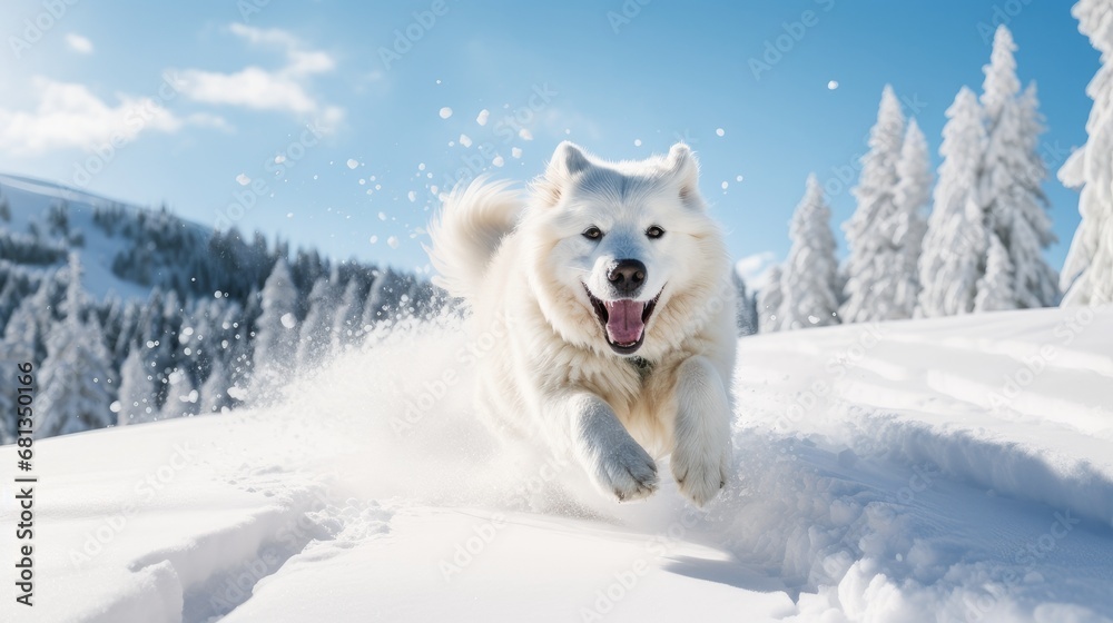 A happy, active, white, cheerful dog runs through the snow overlooking a snowy landscape of forest and mountains. A happy, active, white, cheerful dog runs through the snow overlooking a snowy landscape of forest and mountains.