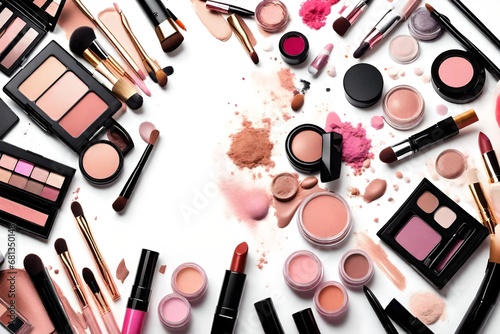 Makeup cosmetics tools background and beauty cosmetics, products and facial cosmetics package lipstick, eyeshadow on the white bac