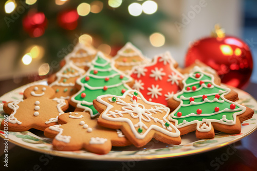 Gingerbread cookies background with Christmas bokeh lights