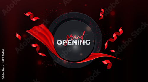 Modern grand opening ceremony invitation event poster design template with Realistic red silk ribbon banner background