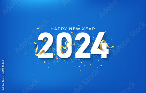 Happy new year 2024 3d typography lettering with realistic ribbon festive fireworks and golden confetti abstract vector background