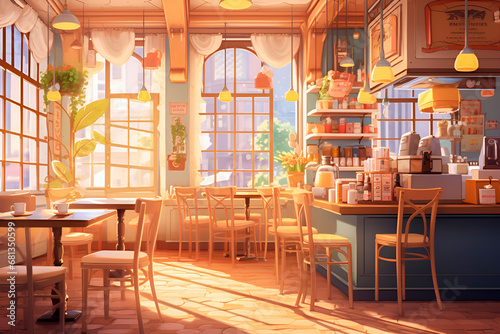 Interior of a beautiful and cozy cafe, with empty chairs