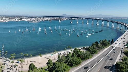 Conorado Bay Bridge At San Diego California United States. Bridge San Diego California. Town Clouds District Urban. Town Drone View District Downtown High Angle View. Town Urban City Landmark. photo