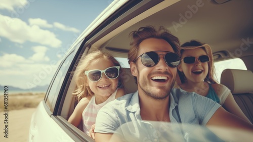 happy family day. mother father and children smiling sitting in compact white car looking out windows, Summer at the beach,Family holiday vacation travel, road trip and holiday concept © Amonthep