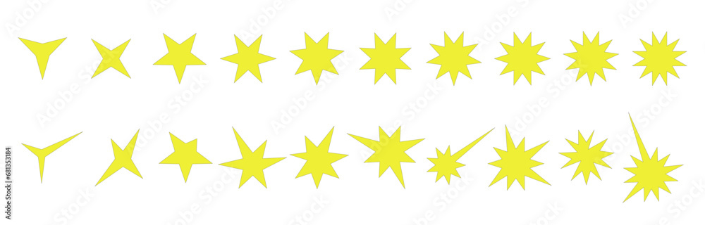 Set of yellow stars. Twenty different star shapes for design. Isolated on white background. Flat style, editable contour.