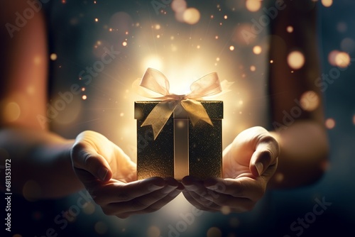 close up on hands of a woman holding a gift with golden bokeh light background, giving and receiving on christmas concept photo