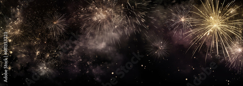 night sky with fireworks background, graphic resource for holiday party celebration, new year, 4th of july and anniversary pyrotechnic explosion