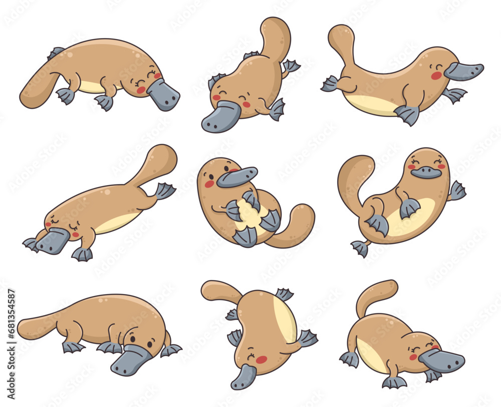 Obraz premium Cute little platypus. Cartoon funny animal characters. Hand drawn style. Vector drawing. Collection of design elements.