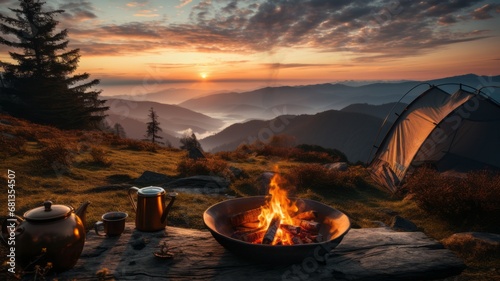 Flaming campfire in the morning wilderness in mountain landscape