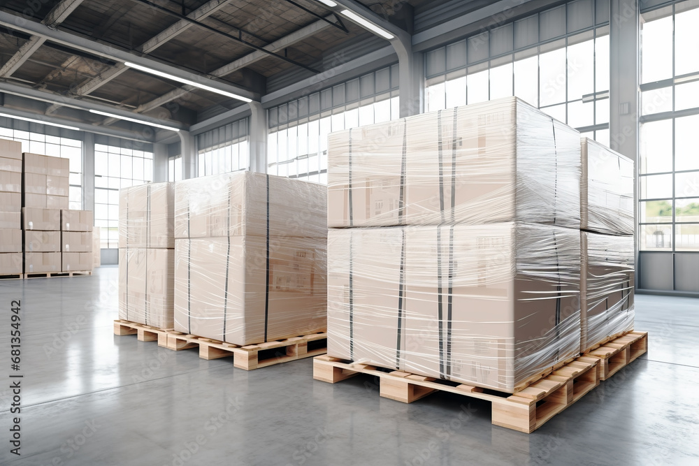 Cardboard boxes wrapped plastic stacked on pallets in background of  modern warehouse. Transportation concept of distribution and delivery. - obrazy, fototapety, plakaty 