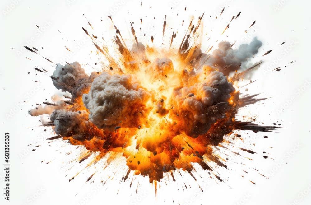 Extremely hot fiery explosion with sparks and smoke, against white background Extremely hot fiery explosion with sparks and smoke, against white background