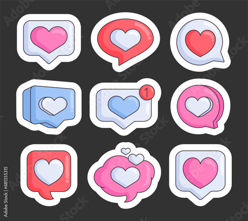 Heart in speach bubble. Sticker Bookmark. Love like social media notification. St Valentines day. Hand drawn style. Vector drawing. Collection of design elements.