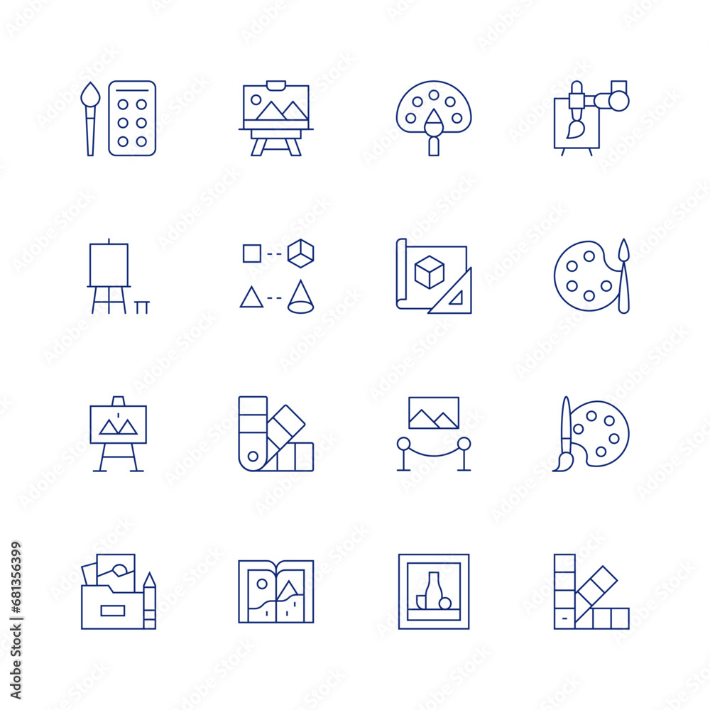 Art line icon set on transparent background with editable stroke. Containing art, art portfolio, painting, rendering, color palette, sketch book, palette, modeling, exhibition, still life, robot hand.