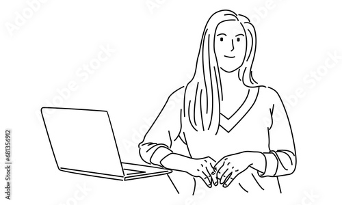 line art of woman at his desk is working on the laptop computer