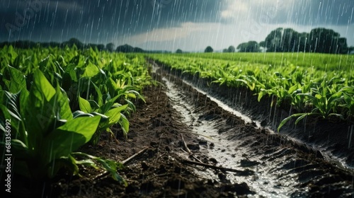 Rain watering plants in farmer's field