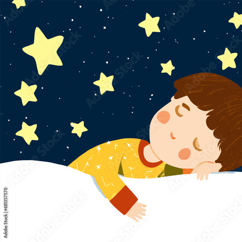 A child in yellow pajamas is sleeping on the bed. Dream under the dark blue starry sky with yellow stars