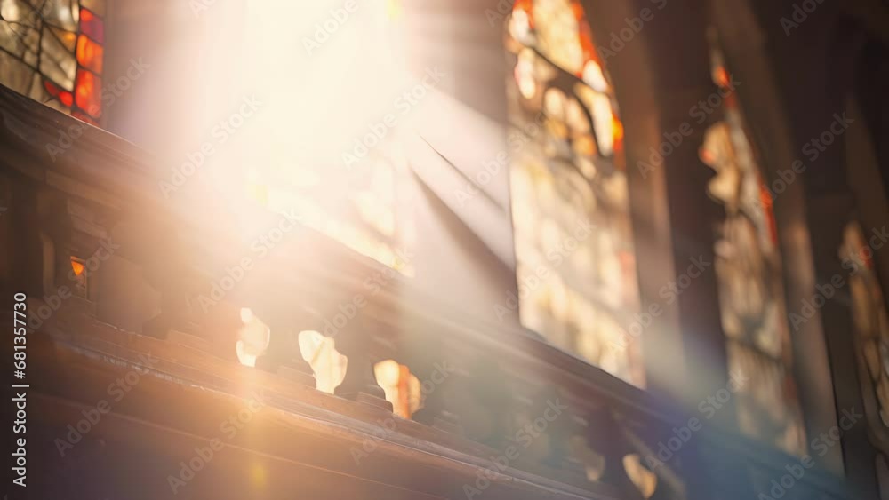 A beam of sunlight s through the stained glass window, shining directly onto the font and creating a heavenly glow around it.