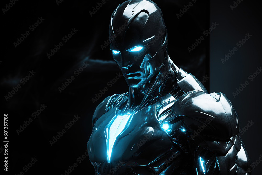 Futuristic metal android, blue glowing eyes and suit elements