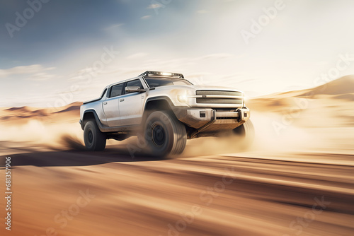 Off-road 4x4 car riding on high speed at the dirt track. Generative art © Cheport