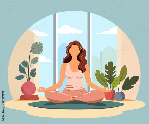 A woman meditates on the mat doing yoga with flower and leaf flat vector in mental health care concept