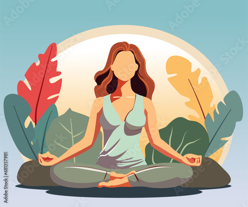 A woman meditates on the mat doing yoga with flower and leaf flat vector in mental health care concept